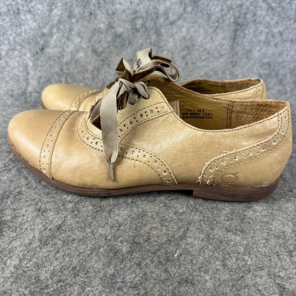 Born Women Tan Leather Ribbon Lace Oxford Wingtip Brogue Shoes B08837 7.5 38.5
